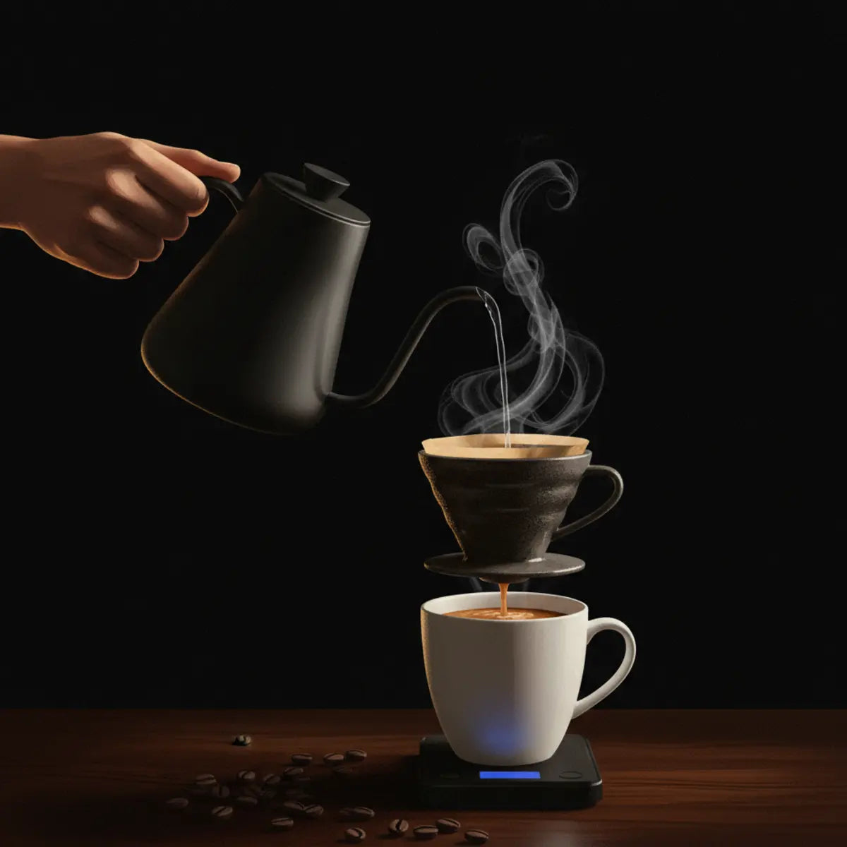 Coffee water ratio pour over setup with Colombian specialty coffee on a digital scale, 13 grams measured